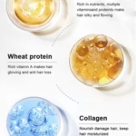 Tres cápsulas transparentes con aceites y sérums: uno dorado de argán, uno ámbar de proteína de trigo y uno azul de colágeno para nutrir cabello maltratado.