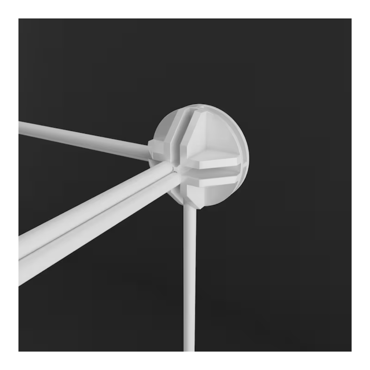 Conector blanco para armario organizador infantil, con uniones de varillas y base circular.