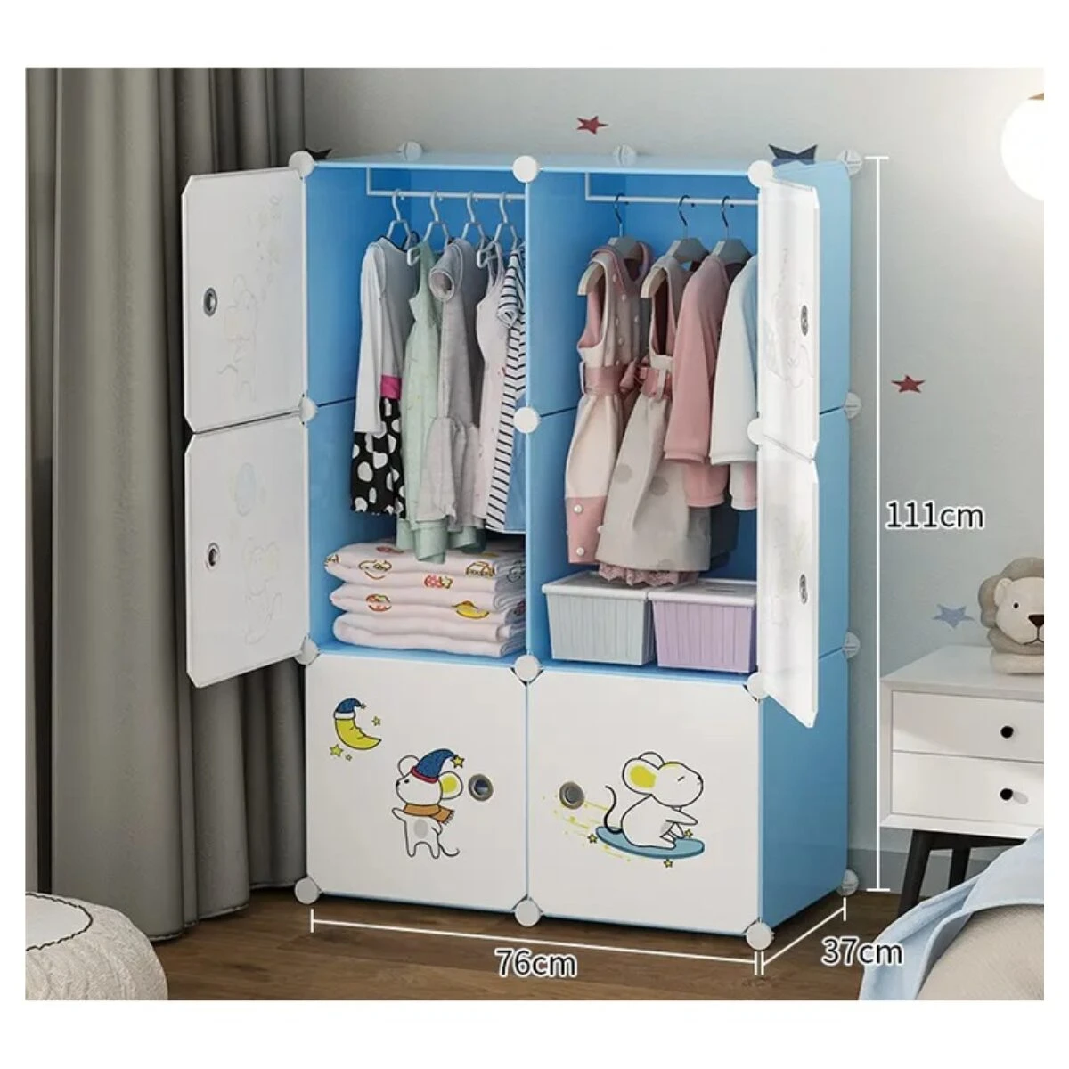 Armario organizador infantil azul para ropa y juguetes, 76x37x111cm, con puertas y compartimentos.