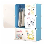 Armario organizador infantil azul con puertas blancas, interior para ropa y compartimentos con dibujos de animales y coches.