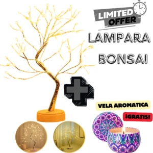 Lámpara led árbol bonsai dorado con oferta especial, incluye vela aromática de regalo.