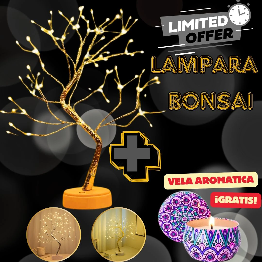 Lámpara LED estilo bonsái dorado con ramas luminosas. Oferta limitada: regalo de vela aromática.