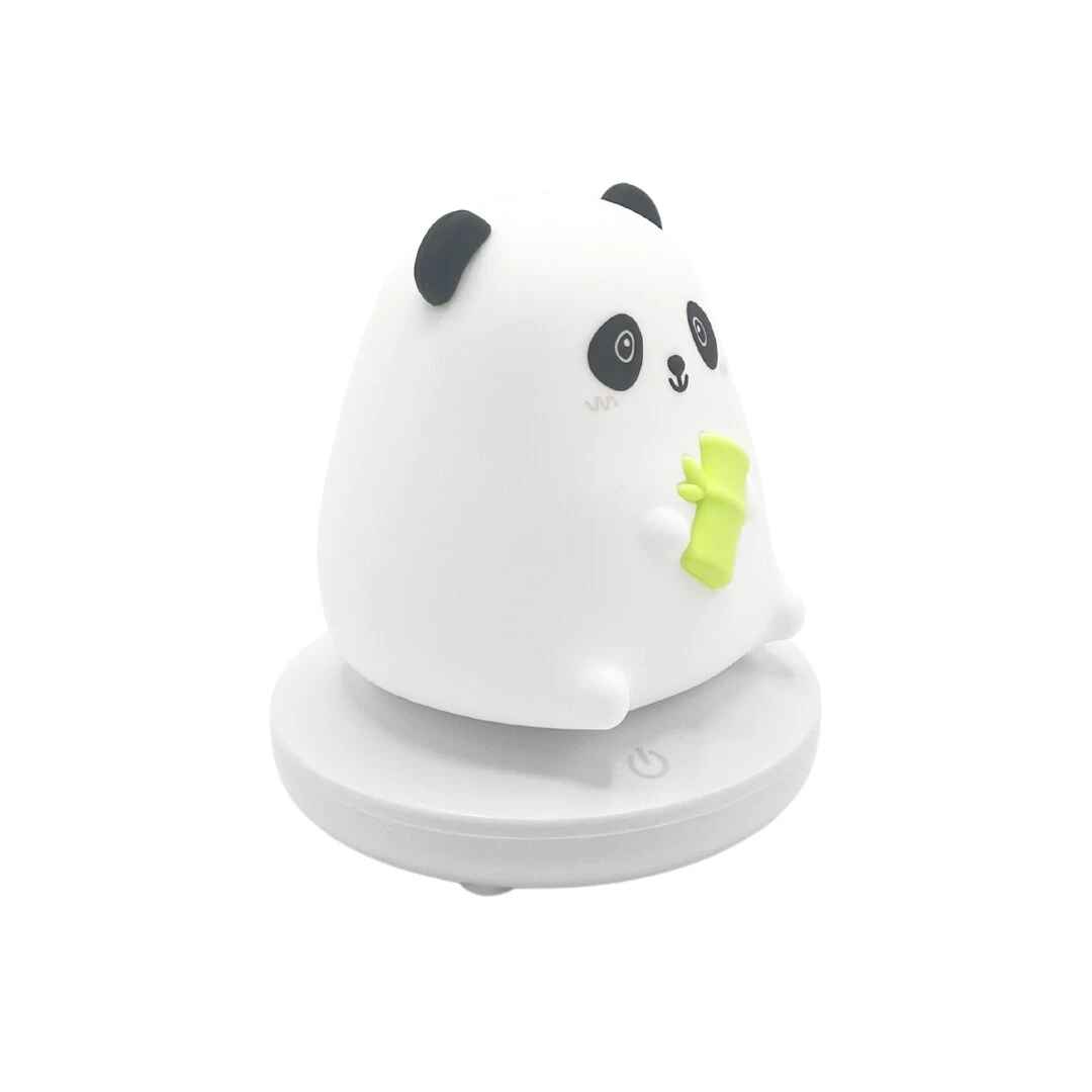 Lampara de silicona blanca con forma de panda tierno sosteniendo bambú, sobre base redonda con icono de encendido.