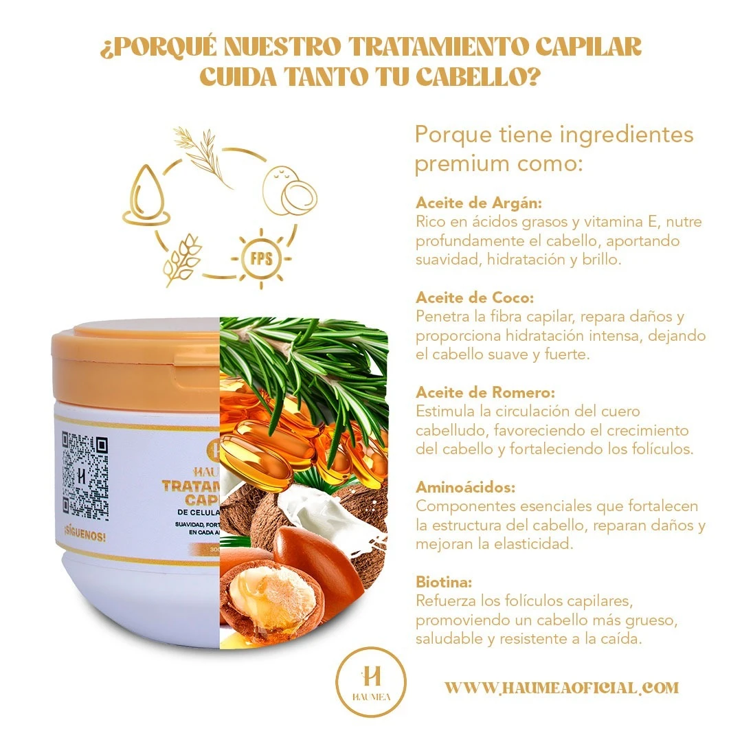Tratamiento capilar Haumea de 300g con tapa naranja; incluye aceite de argán, coco, romero, aminoácidos y biotina para hidratar, reparar y fortalecer.
