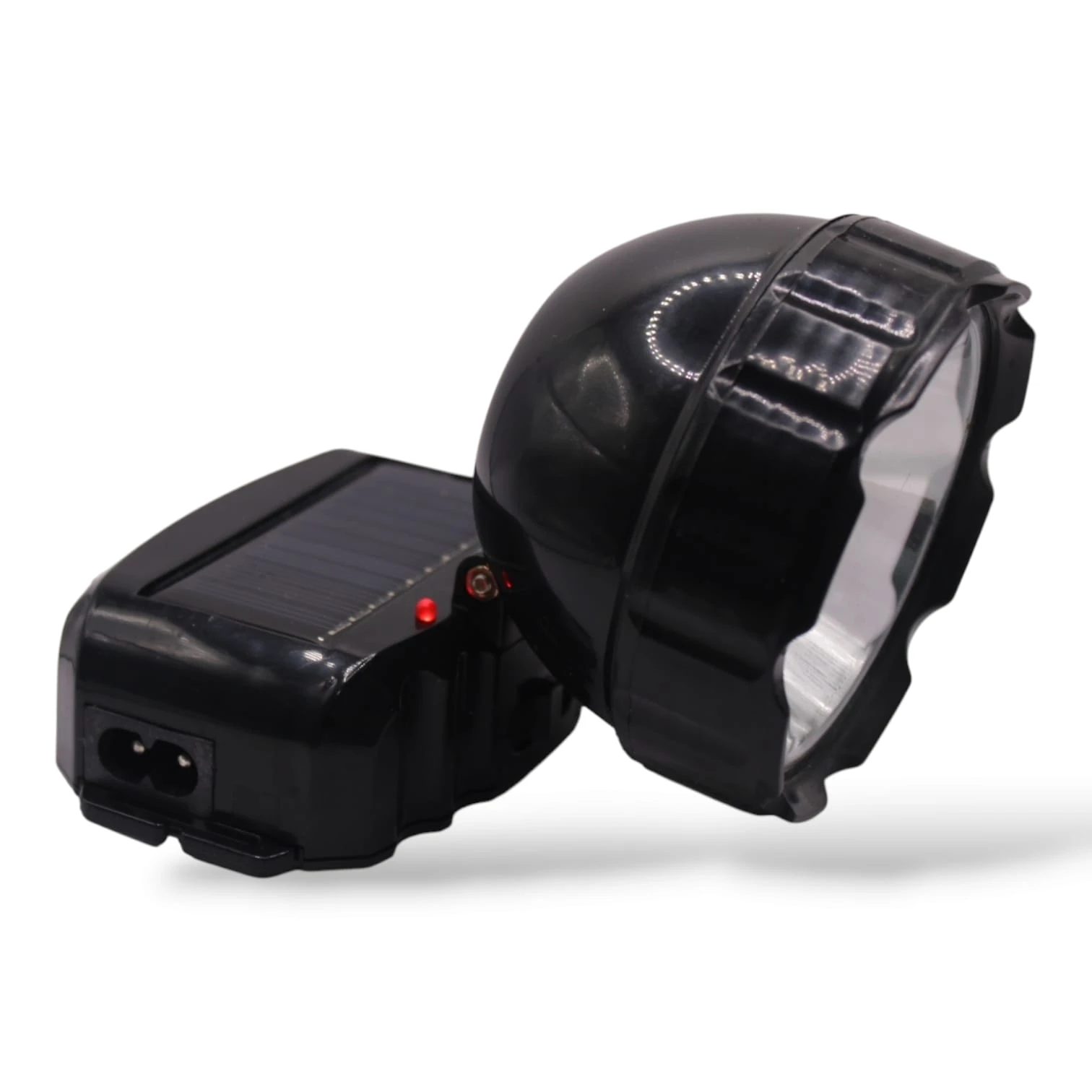 Linterna recargable negra Kaihao Kh-3889 con panel solar y dos orificios para enchufe.