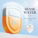 Protector solar Aloe Vera Bioaqua naranja y blanco, SPF60+ PA+++, texto "Sense Water".