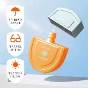 Protector solar Aloe Vera Bioaqua SPF 60 naranja, con tapa abierta, destacando resistencia UV, para exteriores y brillo transparente.