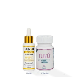 Tratamiento capilar Hair2You loción 45ml con Aminéxil y vitaminas Tüyú en frasco y pastillas.