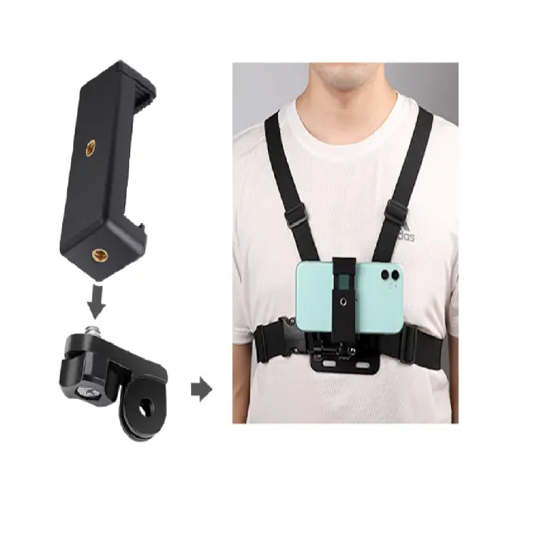 Ensamblaje de soporte celular negro para arnés de pecho con montura de acción, mostrando acople a base.