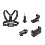 Kit soporte arnés pecho negro para cámara y teléfono, incluye montura giratoria, base fija y tornillo de ajuste.