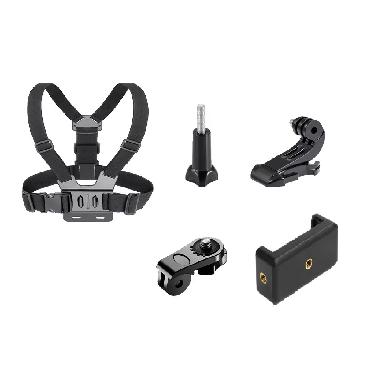 Kit soporte arnés pecho negro para cámara y teléfono, incluye montura giratoria, base fija y tornillo de ajuste.