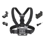 Arnés de pecho negro ajustable para cámara de acción/celular, incluye base giratoria, adaptador tipo J y tornillo de montaje.