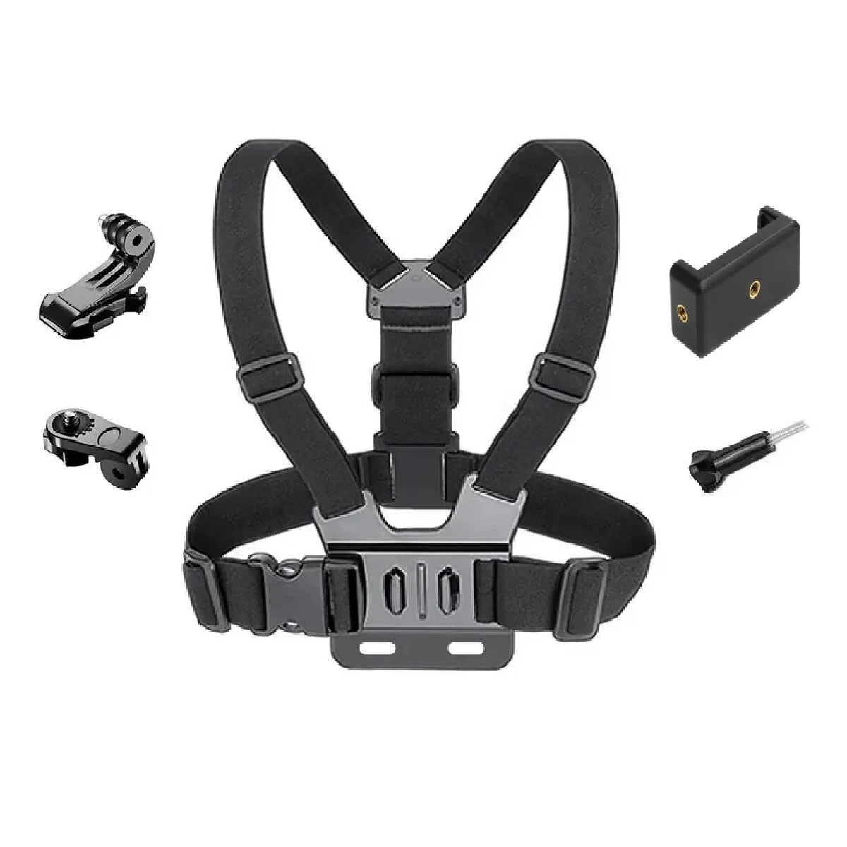Arnés de pecho negro ajustable para cámara de acción/celular, incluye base giratoria, adaptador tipo J y tornillo de montaje.