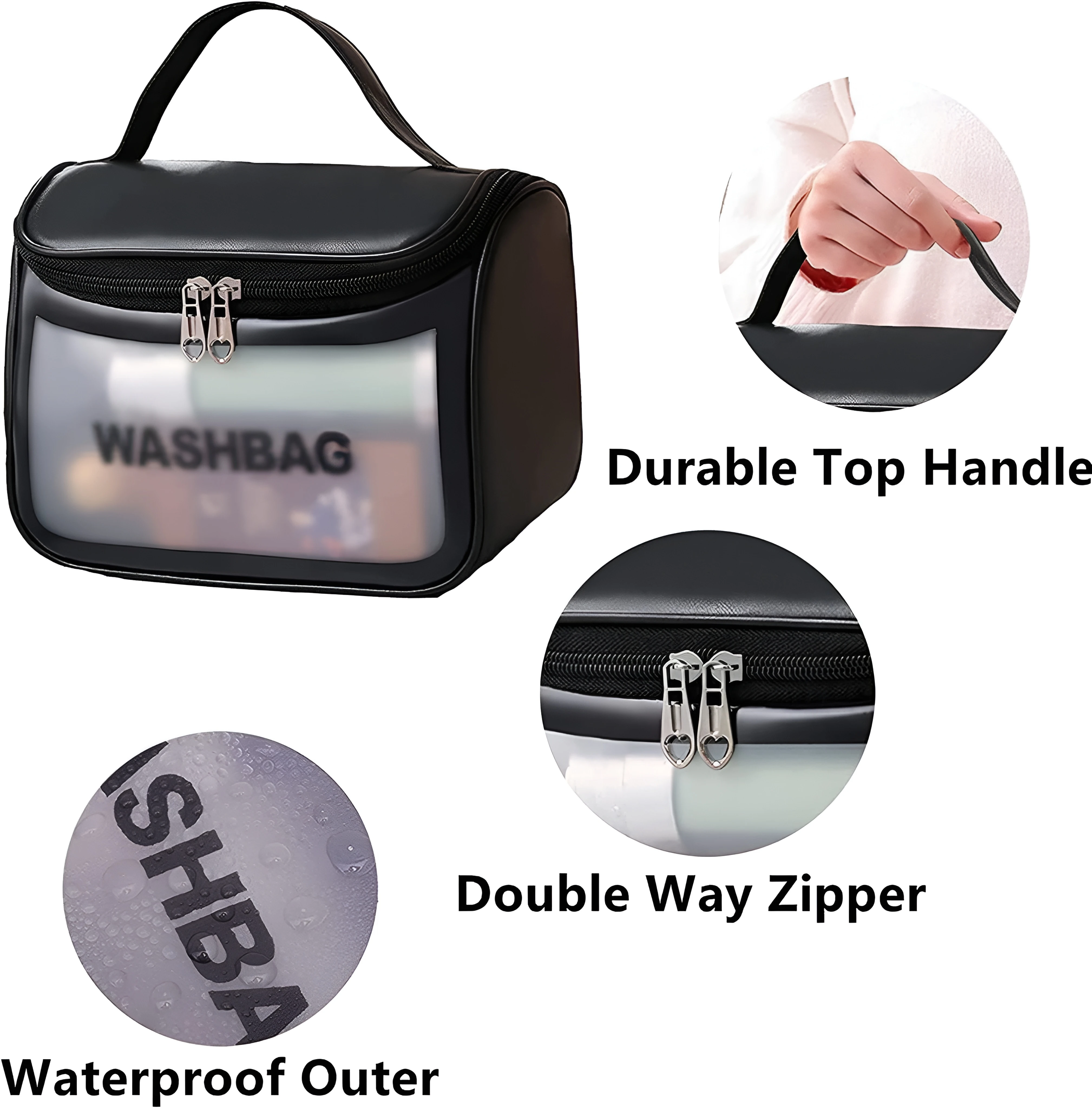 Cosmetiquera negra Washbag con asa duradera, cremallera doble y exterior impermeable.
