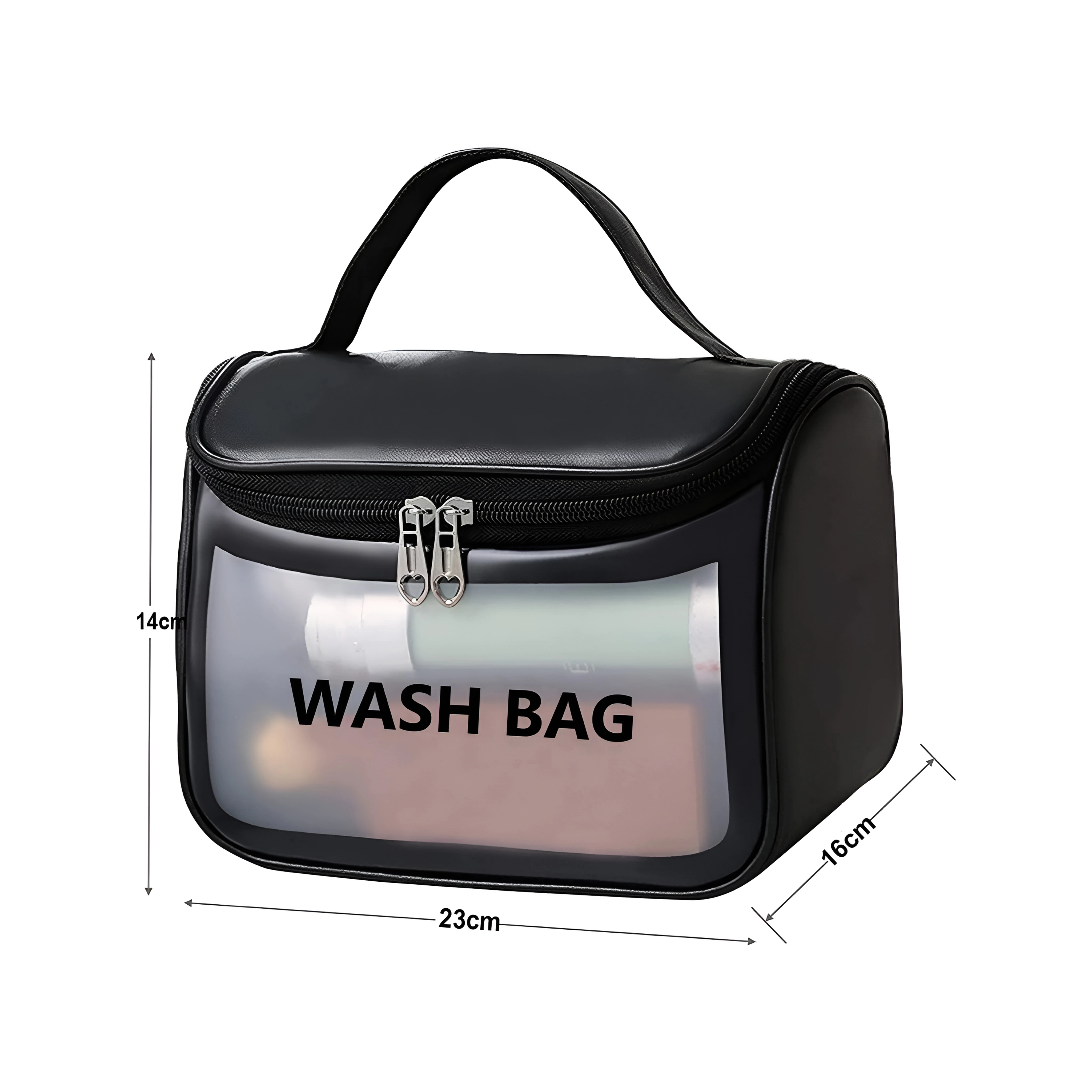 Bolso cosmetiquera negra "Wash Bag" transparente, 23x16x14cm, con asa y doble cierre de corazón.
