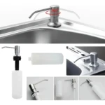 Dispensador de jabón de cocina de aluminio inoxidable con cuello giratorio 360° y botella recargable.