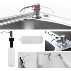 Dispensador de jabón de cocina de aluminio inoxidable con cuello giratorio 360° y botella recargable.