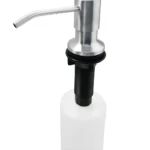 Dispensador de jabón para cocina de aluminio cepillado, con tubo y botella blanca.