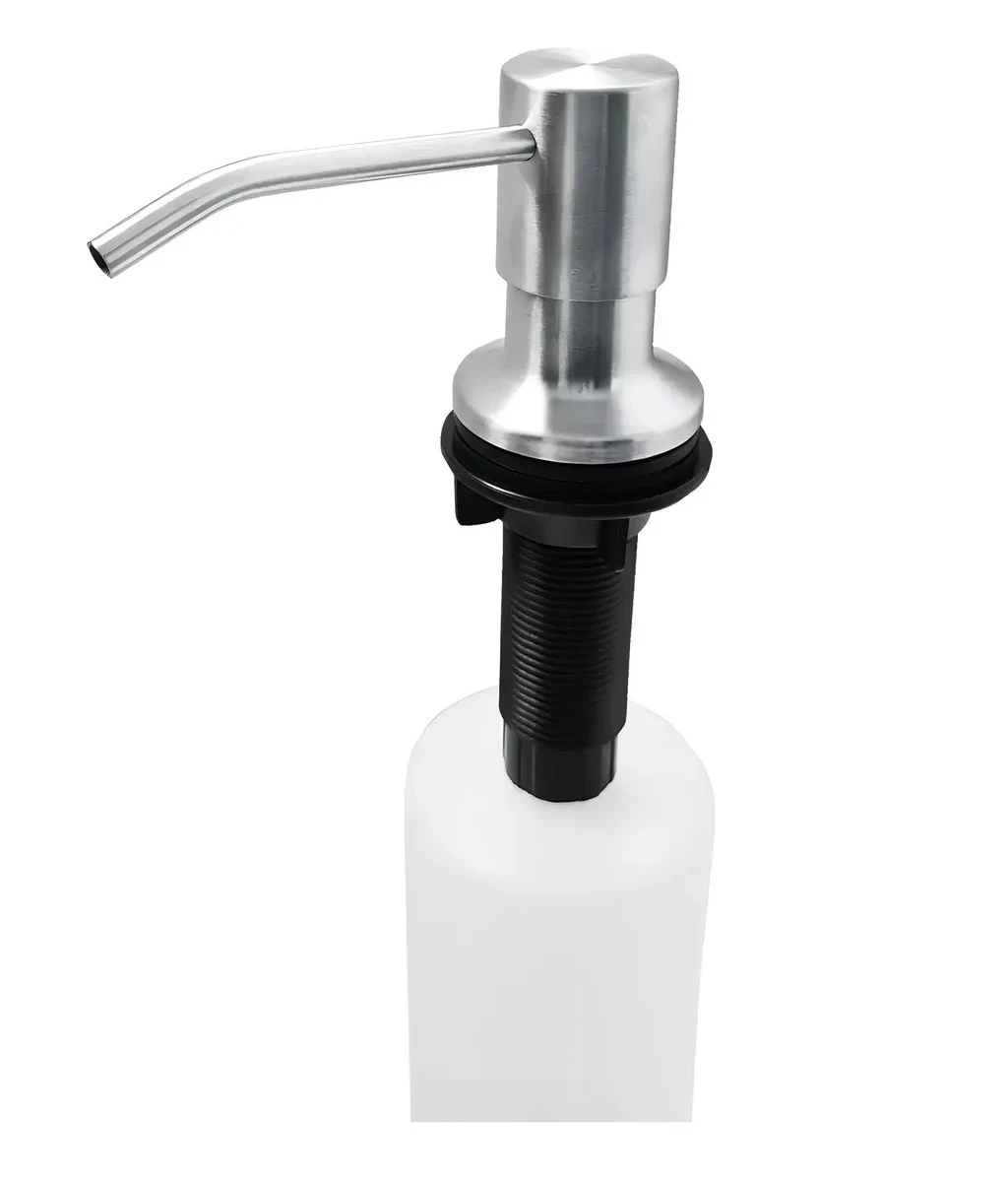 Dispensador de jabón para cocina de aluminio cepillado, con tubo y botella blanca.