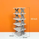 Estante organizador de zapatos de 6 niveles, blanco y gris, plegable, medidas 30x10x10 pulgadas.