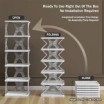 Organizador de zapatos blanco de 6 niveles, abierto, plegado y cerrado, listo para usar sin instalación.