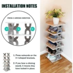 Organizador de zapatos de 6 niveles plegable, gris y blanco, se muestra ensamblado con instrucciones.