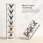 Estante organizador de zapatos plegable de 6 niveles con tacones y zapatillas blancas.