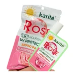 Protector solar Karité Rose SPF60 PA+++, dos presentaciones, uno en empaque rosa y otro en tubo verde, ideal para alta protección.