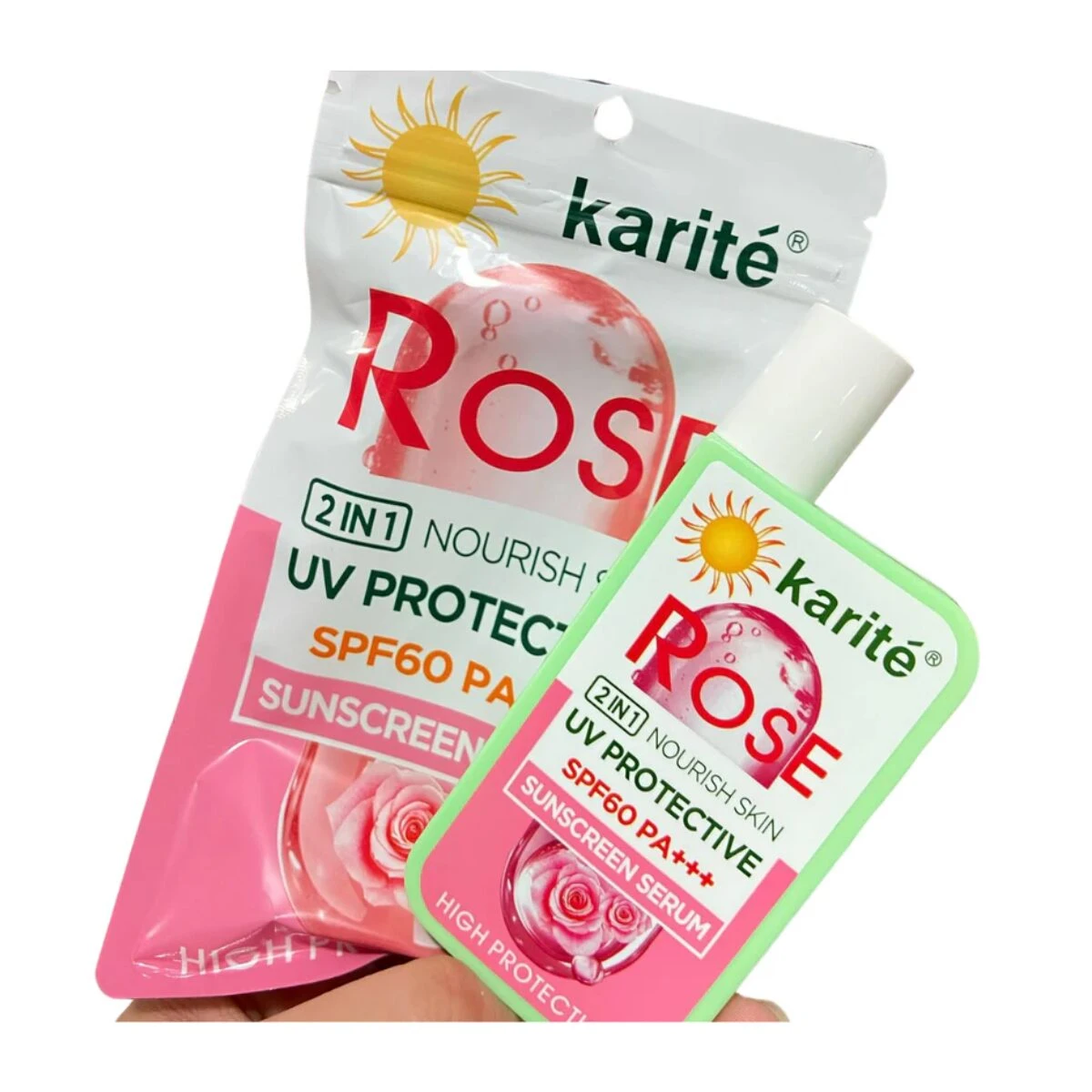 Protector solar Karité Rose SPF60 PA+++, dos presentaciones, uno en empaque rosa y otro en tubo verde, ideal para alta protección.
