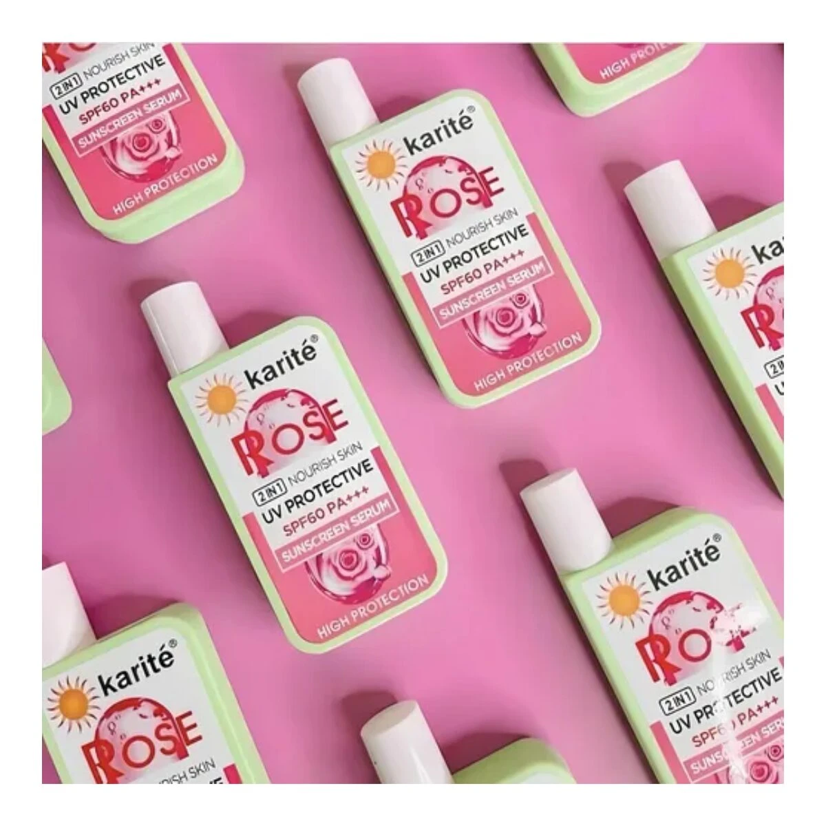 Protector solar Karité Rose SPF60 PA+++, envase rosa y verde menta, alta protección para la piel.