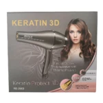 Secador de cabello gris metálico Keratina Protect 3D RE-2003, 5000W, con filtro cerámico y detalle de mujer con cabello largo.