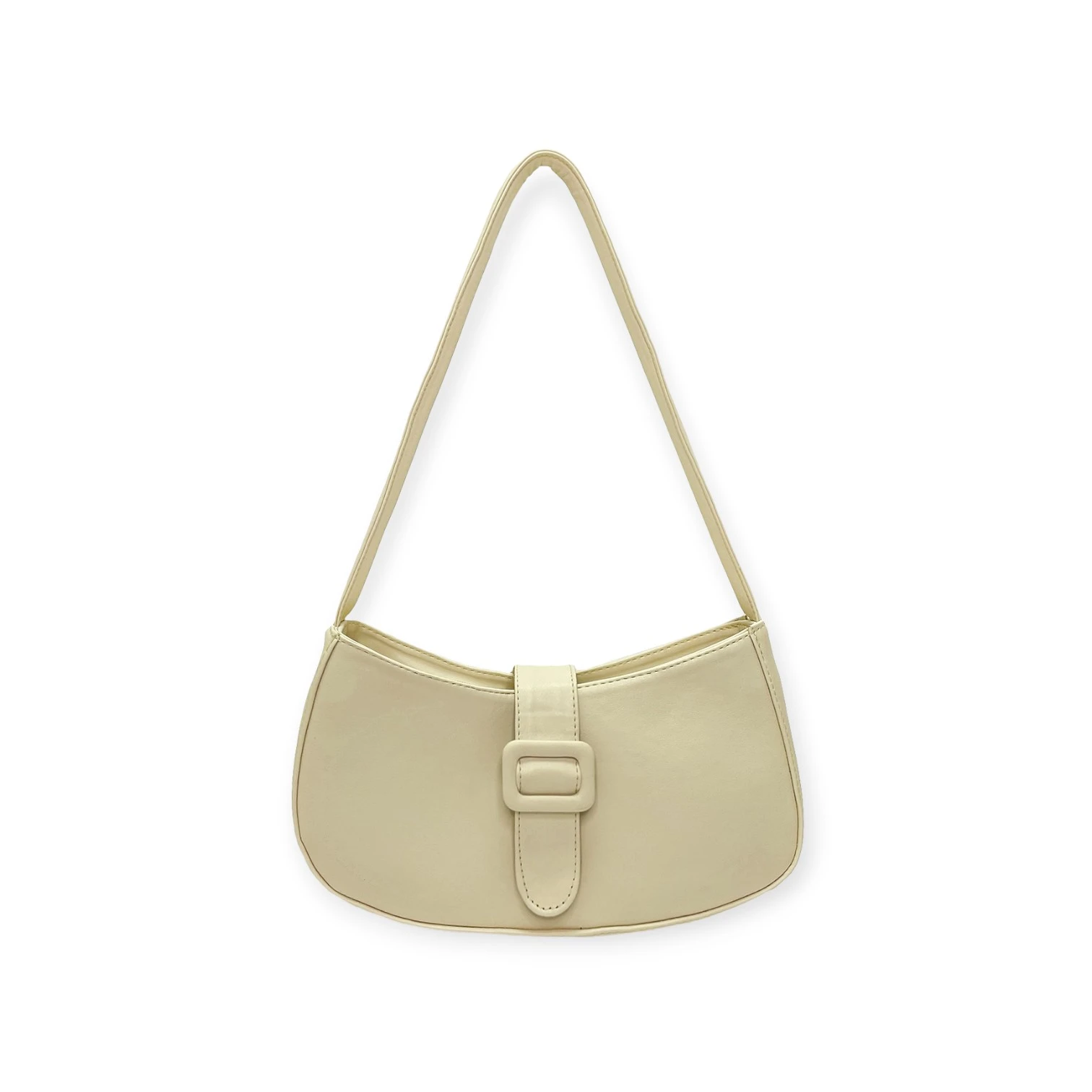 Bolso de hombro estilo baguette color beige claro, textura lisa, con correa delgada y detalle de hebilla rectangular central.