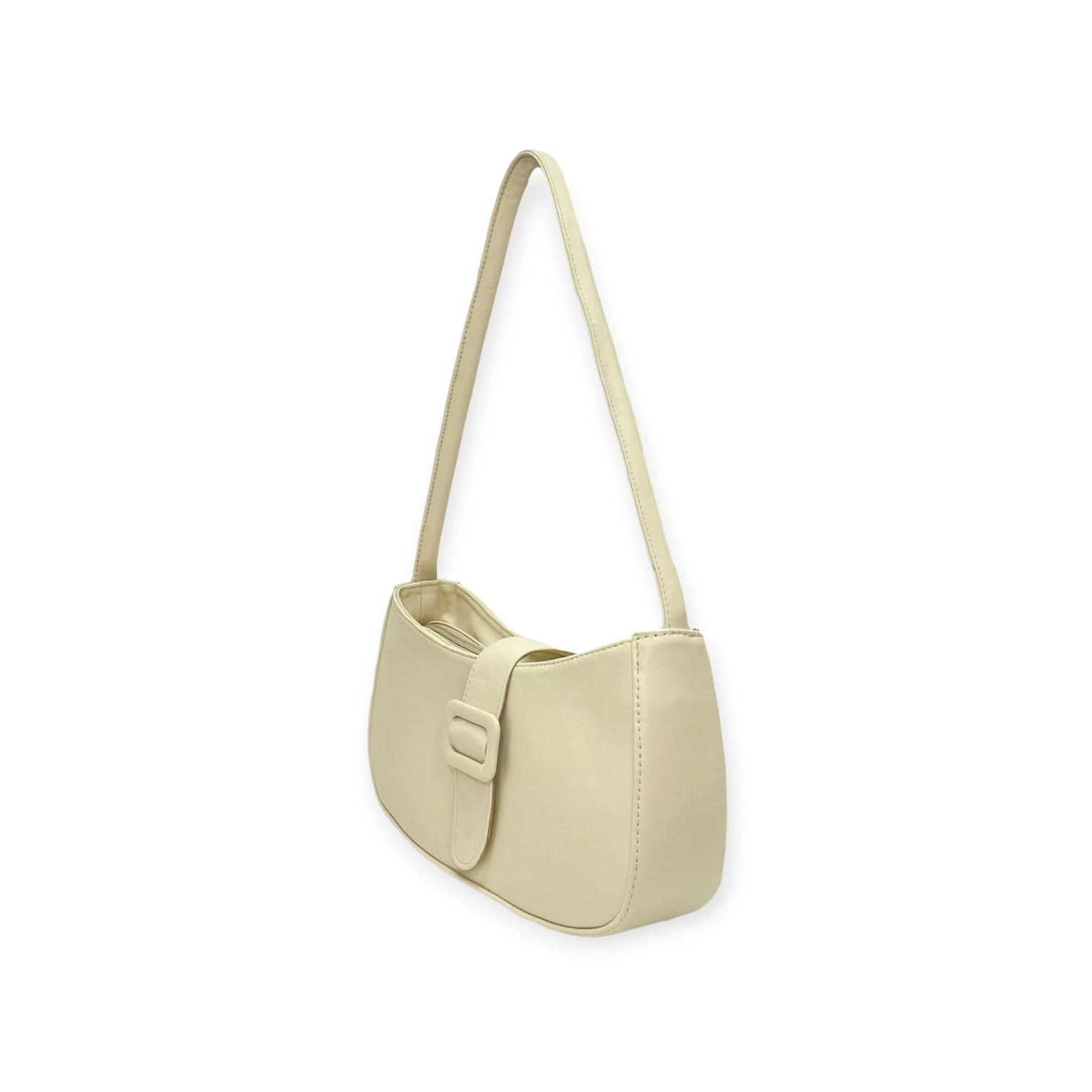Bolso de hombro tipo baguette, color beige claro, de cuero sintético liso, con correa delgada y hebilla decorativa frontal.