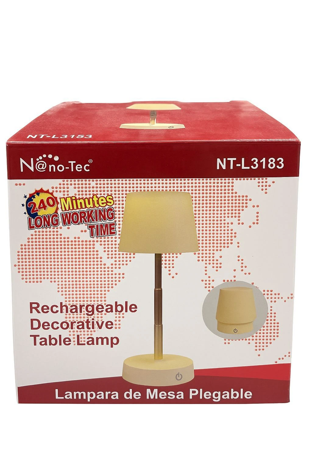 Caja de lámpara de mesa recargable plegable N@no-Tec NT-L3183, beige/dorada, 240 minutos de uso.