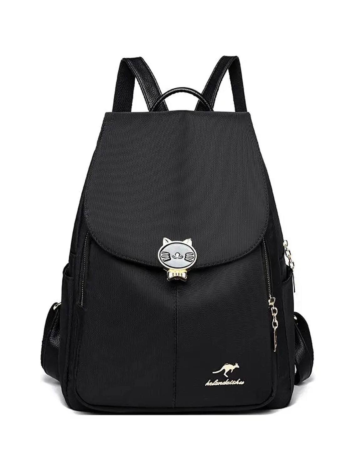 Mochila negra de tela con diseño de gato, logo de canguro y cremalleras doradas. Ideal para dama y niña.