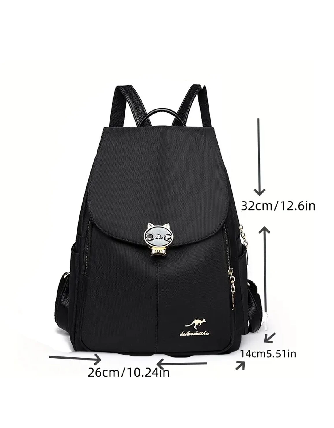 Mochila negra para dama con detalle de gato y logo de canguro. Medidas: 32x26x14cm.