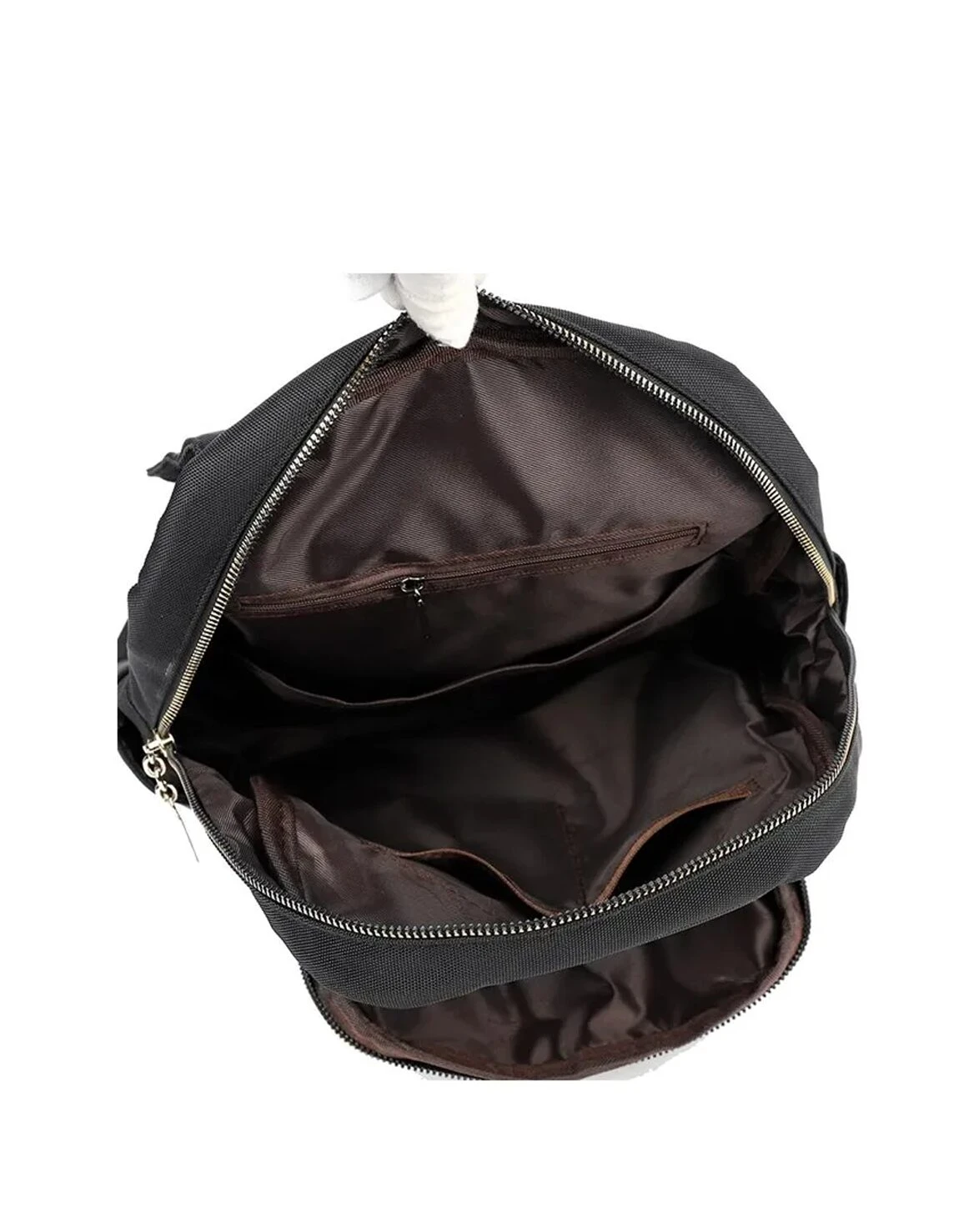 Interior de bolso de seguridad negro abierto, con compartimentos, vista superior.