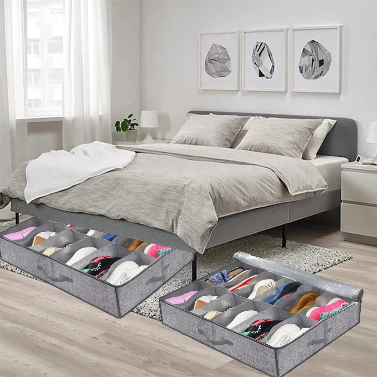 Organizador de zapatos gris de tela con compartimentos, para debajo de la cama, usado en dormitorio.