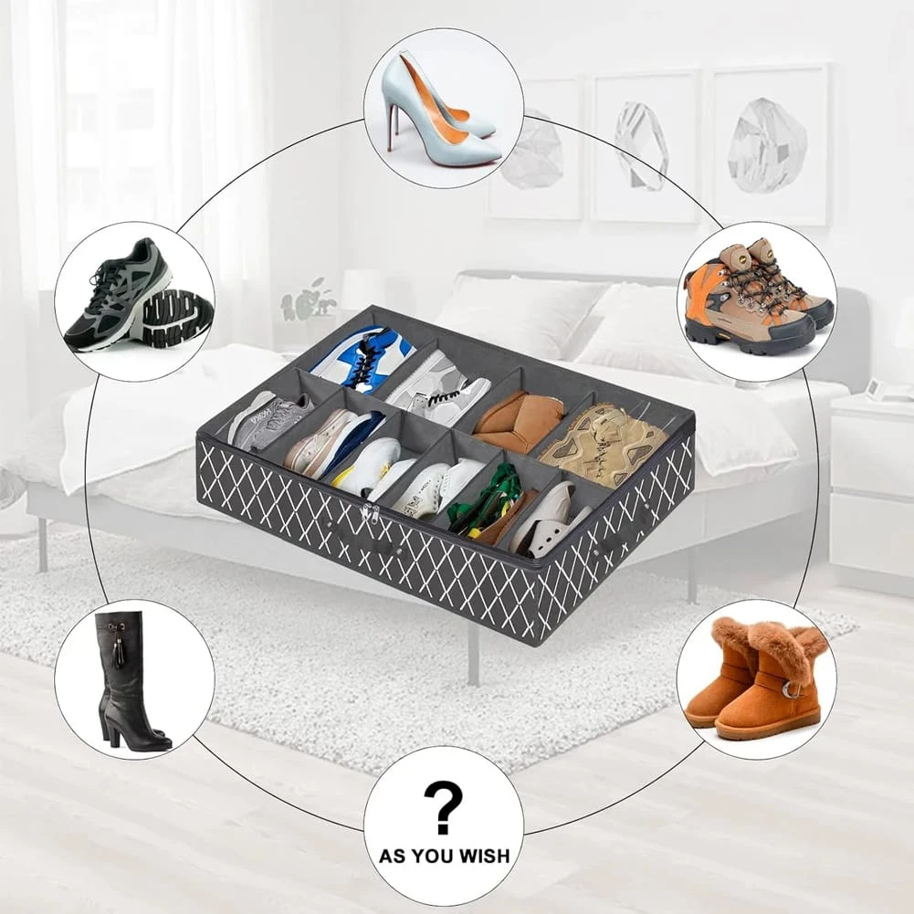 Organizador de zapatos de tela gris con compartimentos para guardar calzado bajo la cama.