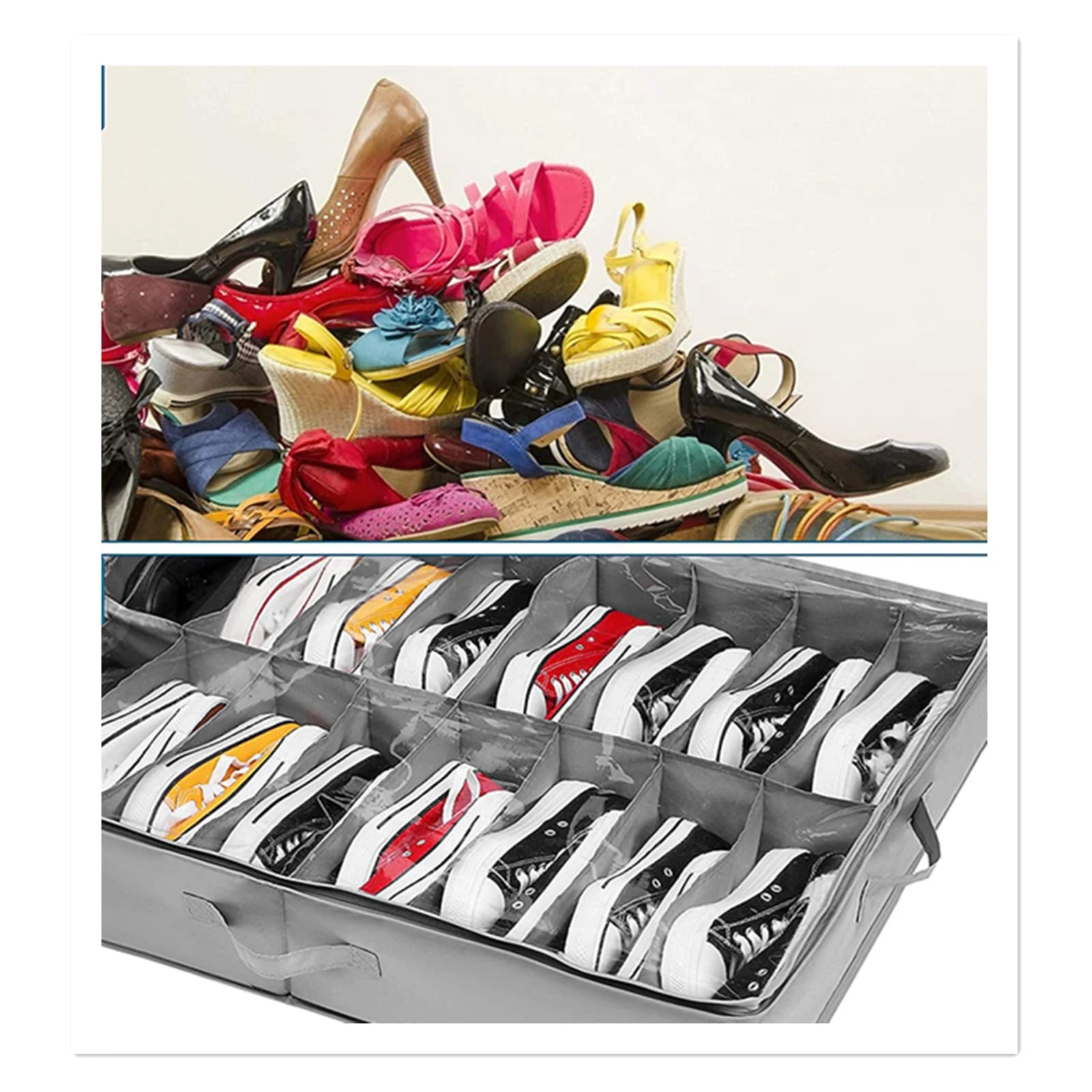 Organizador de zapatos de tela gris con compartimentos para guardar zapatillas y tacones.