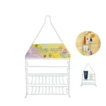 Organizador de ducha colgante metálico blanco, modelo de tres niveles con soporte para jabón, empaque con detalles de uso.