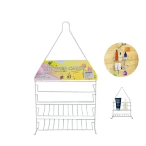 Organizador de ducha colgante metálico blanco, modelo de tres niveles con soporte para jabón, empaque con detalles de uso.