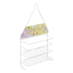 Cesta de ducha colgante blanca, tres niveles, alambre metálico, con empaque "Shower Caddy" visible.