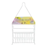 Organizador de ducha colgante de alambre blanco con tres niveles y soporte para jabón, empaque con título "Shower Caddy".