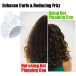 Gorro campana de secado para cabello rizado, muestra contraste entre cabello con y sin frizz.