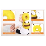 Cojín mochila anticaída para bebé con diseño de abeja, amarillo, malla transpirable y suave.