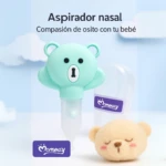 Aspirador nasal Momeasy verde con diseño de osito y estuche, ideal para bebés.