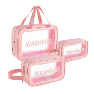 Neceser transparente rosa para maquillaje, set de 3, para viaje.