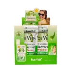 Protector solar Aloe Vera Karité SPF60 PA+++, dos paquetes y un frasco, ideal para alta protección y nutrición de la piel.