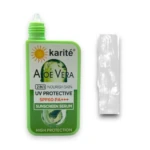 Protector solar Karité Aloe Vera SPF60 PA+++ en envase verde brillante, textura en crema, alta protección.